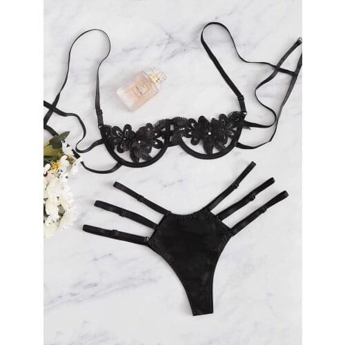 New womens hollow lace satin underwear ladies applique bra thong underwear panties set