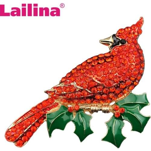 Stunning Large Red Cardinal on poinsettia branch hand casted with Crystal Christmas NEW Gift Brooch