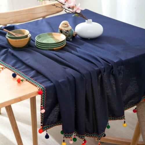 Dustproof Cotton Linen Table Cloth Solid Color with Colorful Balls Woven Desktop Cover Household Table Cover Home Decoration