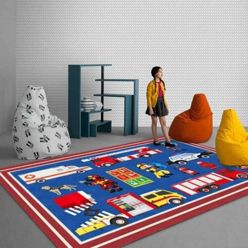 Modern Cute Cartoon Fire Truck Dark Blue Childrens Room Living Room Bedroom Bedside Carpet Floor Mat Customization