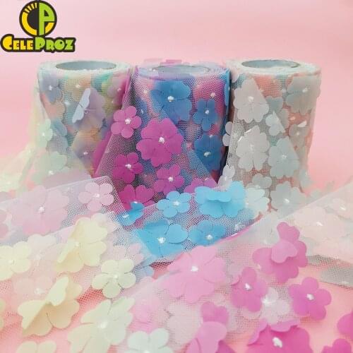 10cm 12cm Flower Embroidered Tulle Cherry Blossom Mesh Fabric Rainbow Color Ribbon DIY Handmade Craft Ornament Material Supplies