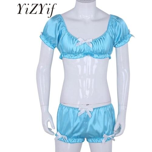 YiZYiF Mens Boxer Sexy Lingerie Set Sissy Panties Gay Men Underwear Boxer Soft Silky Short Sleeves Crop Top with Bloomers Boxer