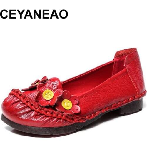 CEYANEAOPlus Size GenuineLeather Flat Shoes Real Leather Handmade FlatsLoafers FemaleSolid Comfortable Casual Flower Women Shoes