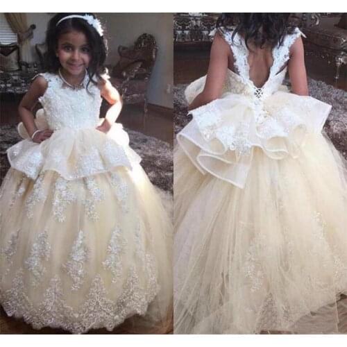 Girls Pageant Dresses Sleeveless Backless Flower Girl Dresses For Wedding Gown Lace Applique Ball Gown First Communion Dresses