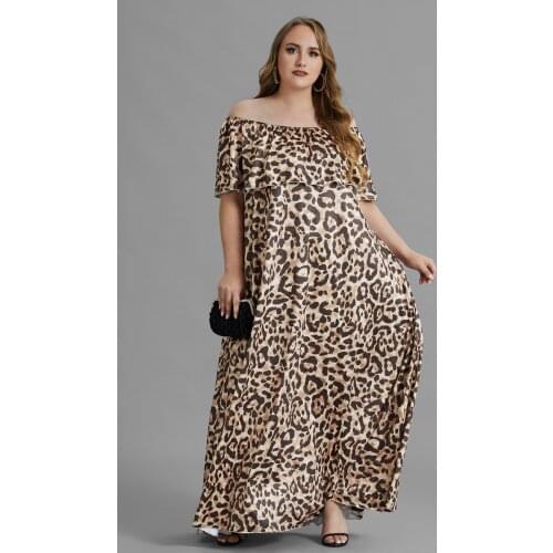4XL 5XL Plus Size Off Shoulder Dress Women Summer Short Sleeve Leopard Print Casual Dress Loose Big Size Maxi Long Dresses