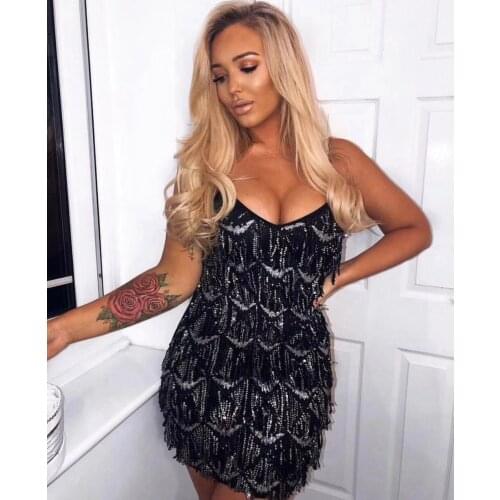 Summer Gold Black Women Dress Vestidos 2019 Spaghetti Strap Sexy V NECK Sequined Dresses Mini Celebrity Evening Party Dress