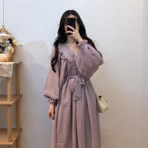 Luck A Dress Women Solid Ulzzang Leisure Lovely Preppy Style Student Sweet Girls Chiffon Summer V-neck Retro Vintage Dress