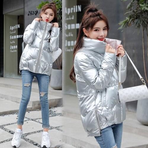 2020 Winter Down Parka Womens Glossy Stand Collar Jackets Plus Size Winter Warm Thick Parka Loose Short Coat Winter Women Jacket