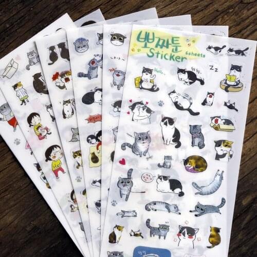 6 Sheets Cute Cartoon Cat Plastic Stickers DIY Diary Albums Decoration Label Stationary Stickers