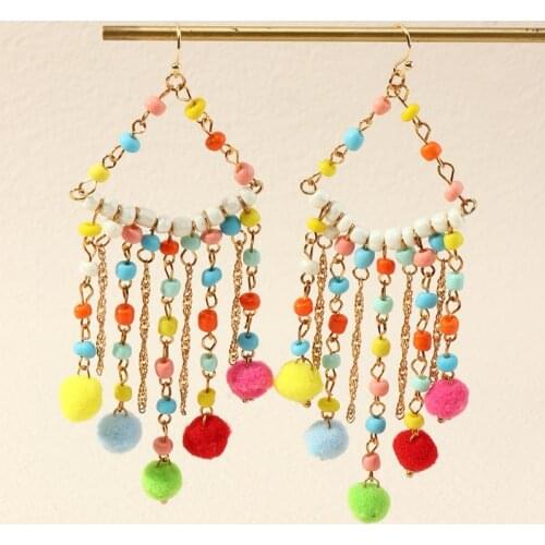Bohemian Style Long Tassel Earrings Female Japanese and Korean Fashion Creative Woven Colorful Hair Ball Rice Bead Earrings