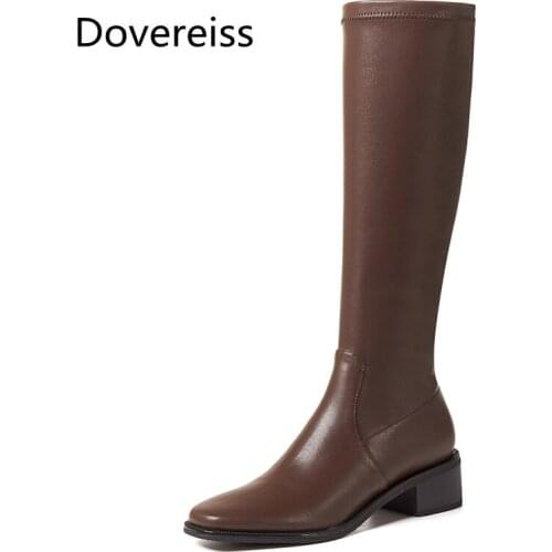 Dovereiss Fashion Womens Shoes Winter Natural leather Elegant Pure color Sexy Zipper Knee high boots Chunky Heels Concise 33-40