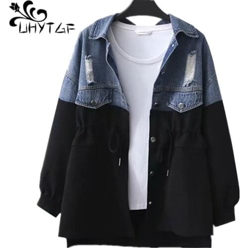 UHYTGF Jeans jacket women fashion stitching Hole loose elegant Spring denim jacket single breasted casual 4XL oversized coat1502
