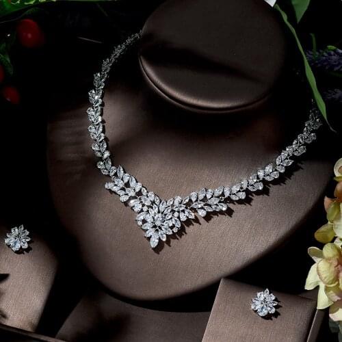 HIBRIDE Classic Leaf Drop Cubic Zircon Women Dinner Party Costume Jewelry Sets Elegant Bridal Wedding Necklace Earrings N-1364