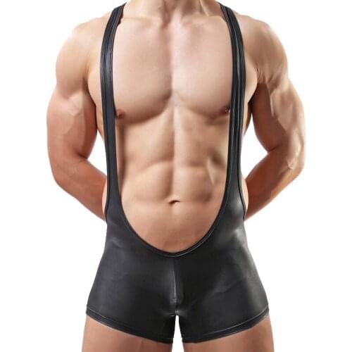 Mens Jumpsuit Leotard Male Leather Bodywear Gay Underwear Sexy Lingerie Panties Jockstrap Freestyle Wrestling Singlet Bodysuits