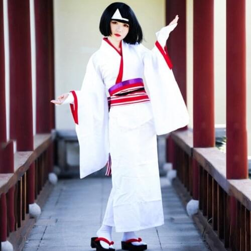 Anime Noragami God of Poverty Nora White Kimino + Belt + Headwear + Bow + Handband Yukata Cosplay Costume Black Bob Short Wig