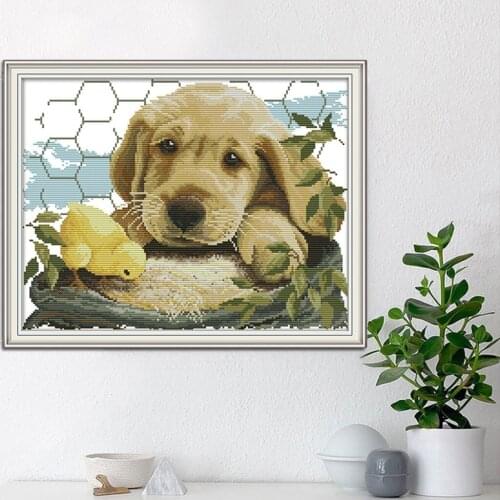 DIY Stamped Cross Stitch Kits Beginners Kids - Lovely Dog and Chick, Handmade