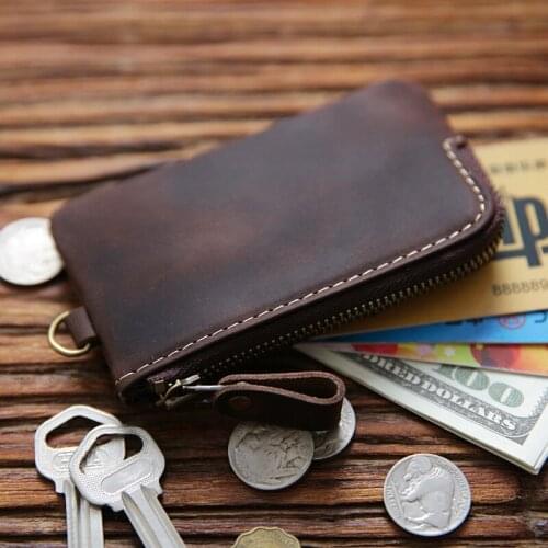 Genuine Leather Key Wallet For Men Male Real Cowhide Vintage Handmade Small Key Bag Case Holder Organizer Housekeeper Zipper