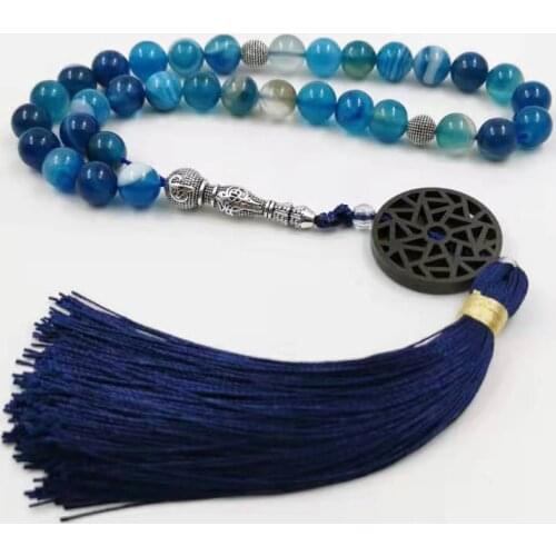 Natural Blue agates stone Tasbih prayer beads Misbaha 33 66 99beads New styles Cotton Tassel Professional Muslim Mans rosary