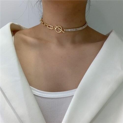 SRCOI Simple Thick Chain Crystal Choker Necklace Minimalist Gold Silver Color Shiny Rhinestone Toggle Clasp Necklace Women