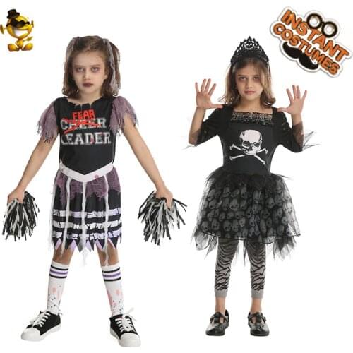 Purim Costume For Kids Girl Scary Zombie Cheerleaders Role Play Girls Horror Skeleton Clothing Cosplay Skull Bone Clothing