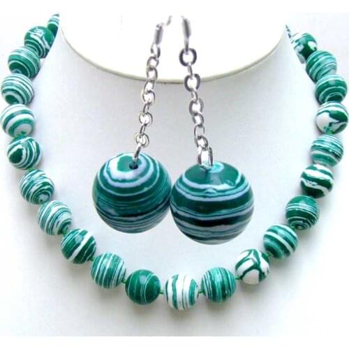 Qingmos Round 14mm Green Zebra Stripes Agates Necklace for Women 18" Chokers with Dangle Round Earring for Women Set Jewelry 574