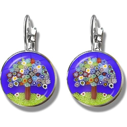 Tree Of Life French Hook Earrings Murano Millefiori Glass 16mm Cabochon Earring Jewelry For Women Girls Gift Wholesale