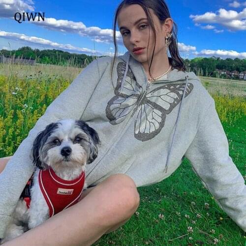 Y2K Fashion Oversized Butterfly Graphic Rhinestone Zip Up Hoodies E-girl 90s Streetwear Diamond Grey Long Jacket Autumn
