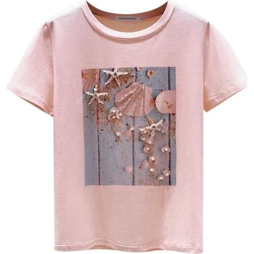 2021 Summer T Shirt Women Tops White Pink Tshirt Women Korean Clothes Short Sleeve Casual Purple Sequins Diamond Tee shirt Femme