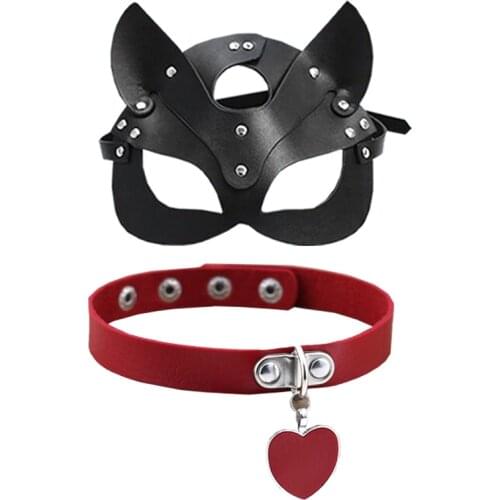Lady mask and pop personality punk collar gothic nightclub style necklace heart heart PU collar choker chain