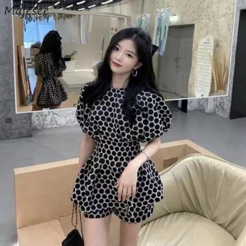 Short Sets Women Summer Korean Style Polka Dot Fashion Sweet All-match High Waist O-neck Puff Sleeve Elegant Vintage Female New