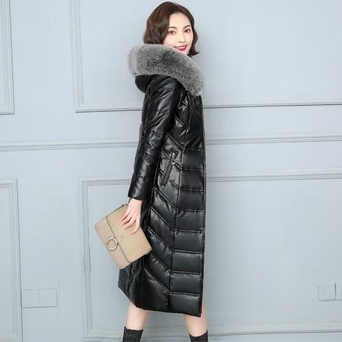 7XL Plus Size Natural Sheepskin Long Women Winter Coat Fox Fur Collar Hooded Outwear Coat Genuine Leather Women Down Jacket