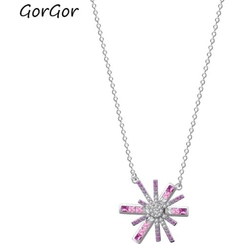 GorGor Necklace Women 925 Sterling Pattern Flower Mosaic Zirconia Star Light Pendant Exquisite Temperament Jewelry A2149