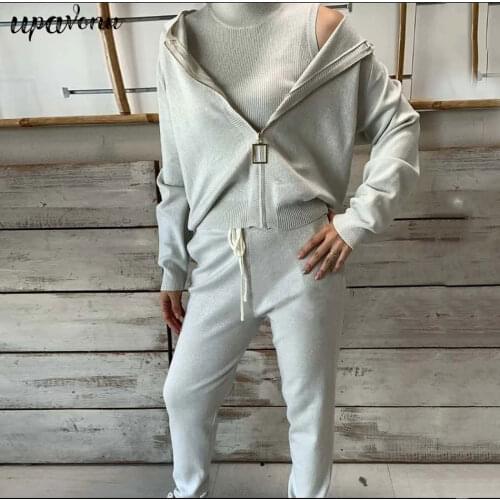 2020 Autumn New Womens Sweater Set Hooded Zipper Jacket & Stand Collar Vest & High Waist Pants Fashion Three-piece Womens Suit