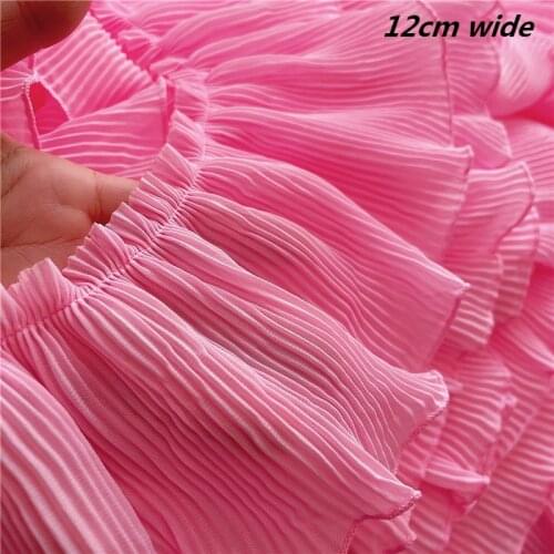 12cm Wide Princess Deep Pink Chiffon Dense Pleated Ruffled Lace Fabric Childrens Doll Fluffy 3D Skirt Dress Sewing Accessories