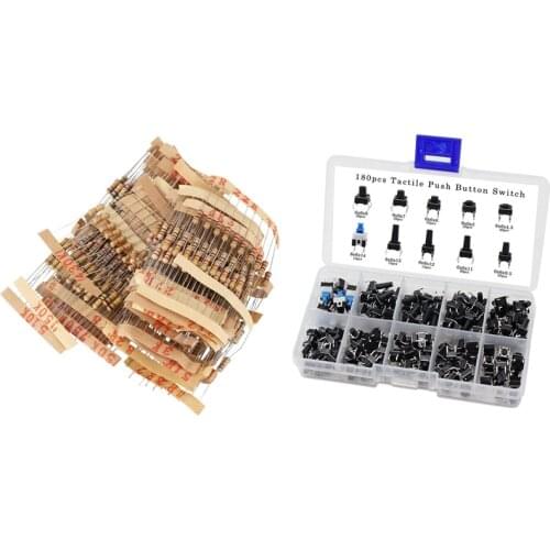 500Pcs 50 Values 1/2W 0.5W 5% Carbon Film Resistors Set & 1 Set Tactile Push Button Switch Micro-Trigger Assortment