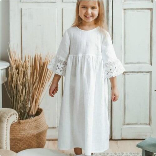 Bohemian Summer Dress For Girls Fashion Euro Style Solid White Toddler Cotton Linen Gown Children Outfit Kids Clothes