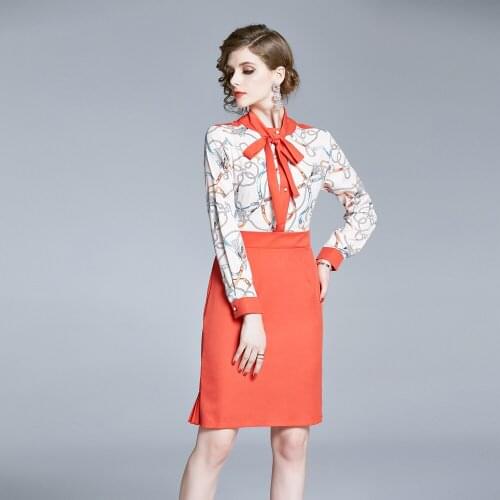 Elegant Chain Print Patchwork Women Autumn Dress Office Ladies Long Sleeve Pleated Bow Dress Summer Midi Shirt Dress k8822