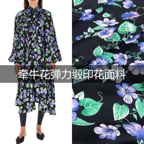 European and American brand new black purple flower elastic satin womens clothing high custom digital printing fabric