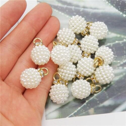 Julie Wang 20PCS 14mm Man-made White Pearl Charms Alloy Cap With Rhinestone Pendants Bracelet Earrings Jewelry Making Accessory