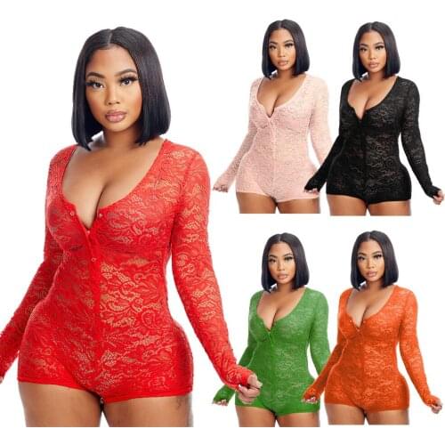 Explosive sexy deep V-neck lace hollow long-sleeved buttoned jumpsuits jumpsuits womens summer dresses light