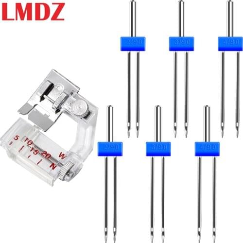 LMDZ 2/3/4mm Double Twin Needle with Adjustable Bias Tape Binding Foot Snap On Presser Foot for Brother Sewing Machine Accessory