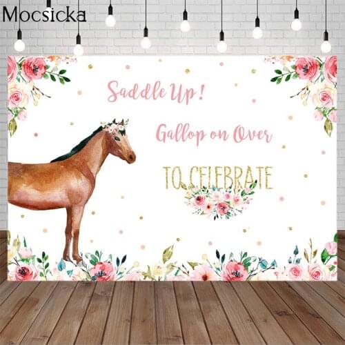 Mohofoto Horse Theme Birthday Photo Background Saddle Up Celebration Party Banner Decoration Backdrop Watercolor Flowers Point