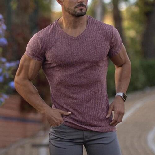 65% Dropshipping!!New mens T-shirt striped sports V-neck solid color knit top daily wear