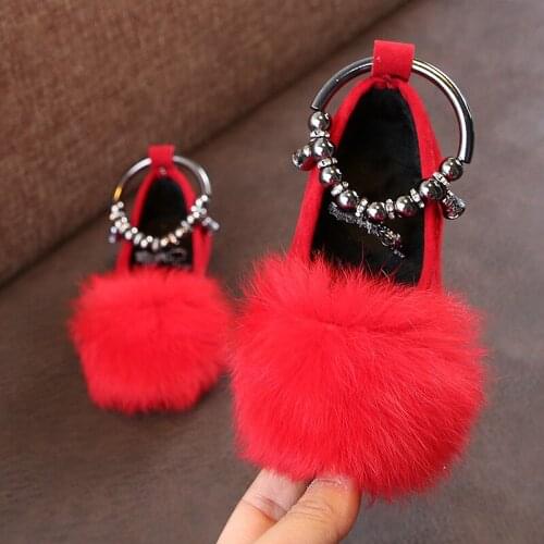 2021 Autumn Winter New Girls Single Princess Shoes Childrens Flat Shose Kid Baby Warm Flock Fluffy Bowkont Beaded Shoes