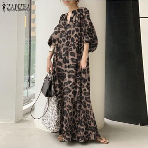 Fashion Printed Maxi Dress Womens Leopard Sundress 2021 ZANZEA Spring Puff Sleeve Long Vestidos Female V Neck Robe Oversize