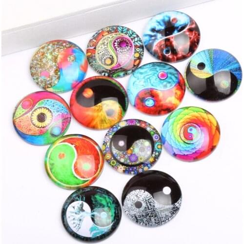 Reidgaller 50pcs mix yingyang photo cabochon 12mm glass round dome flatback jewelry accessories for earrings making