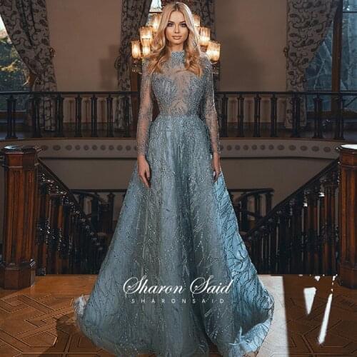 Luxury Dubai Beaded Blue Muslim Evening Dresses 2021 Long Sleeve High Neck Arabic Formal Dresses for Women Wedding Party Gowns