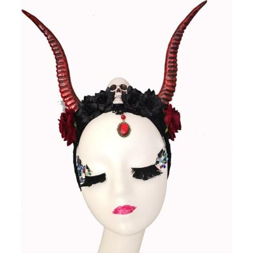 Handmade Red Antelope Horn Headdress Cosplay Gothic Skeleton Skull Flowers Headband Props Steampunk Party Festival Halloween