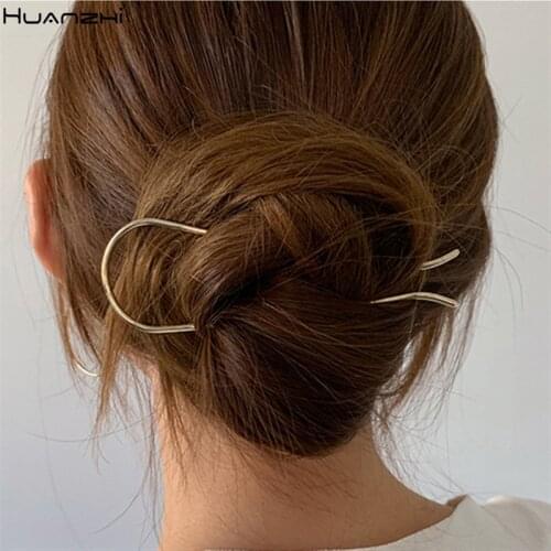 HUANZHI 2020 New Japan Trendy Golden Silver Color Rose Gold Metal Geometric U Shape Fork Hairpins Headwear Accessories for Women