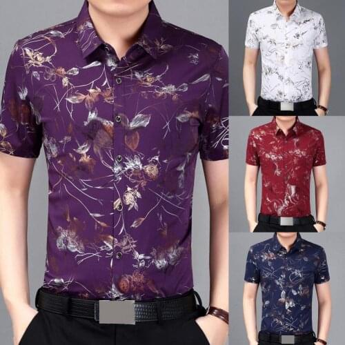 Fashion Spring Summer Casual Men Shirt Slim Flower Print Cotton Shirt Short-sleeved Shirts Male Floral Social Masculina M-3XL